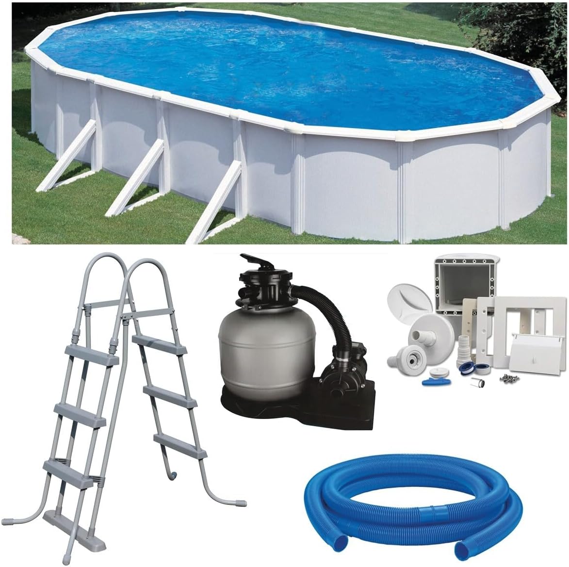 Planet Pool Premium Ovalpool-Set 5,35 x 3,00 x 1,20 m, frei aufstellbar, feuerverzinkte Stahlwand, UV-stabilisierte Innenhülle, Skimmer, Sandfilter mit 4 m³/h und 6-Wege-Ventil, Sicherheitsleiter