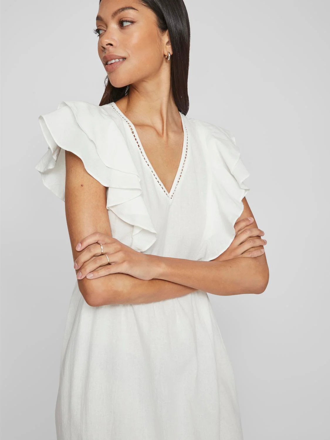 Vila  Vimatia V-Neck C/S Midi kjole - Egret