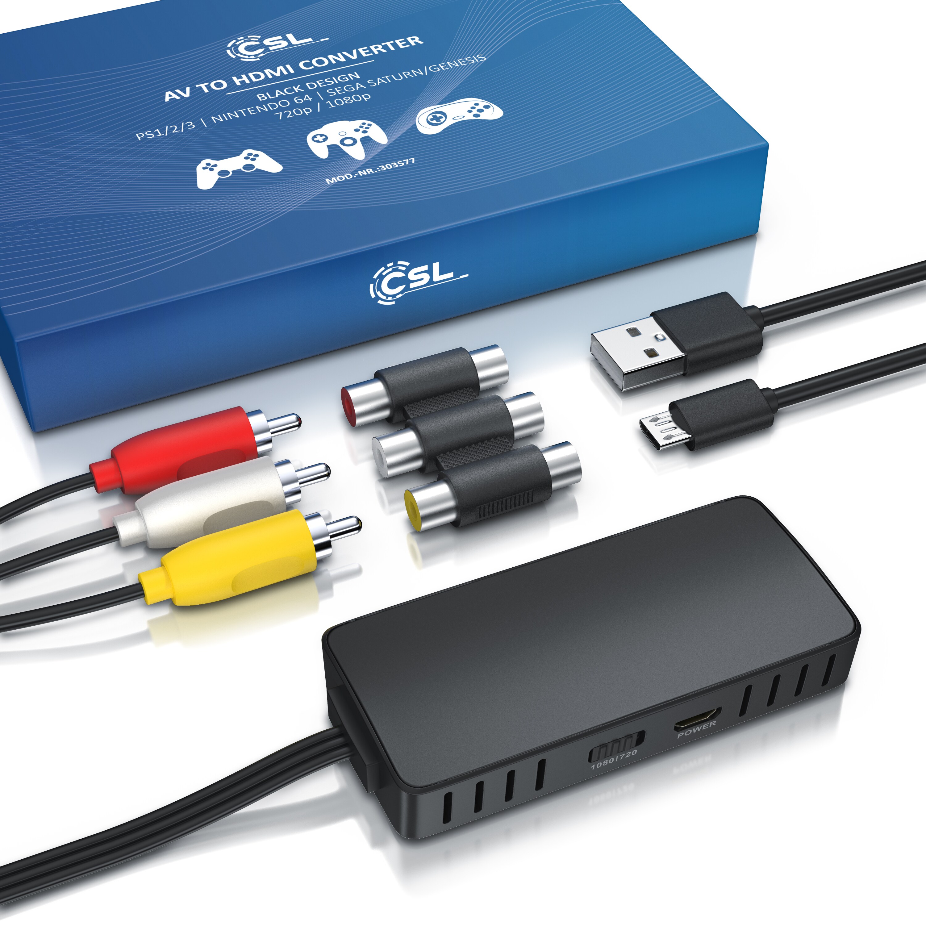 CSL RCA auf HDMI Konverter, AV Composite Adapter, kompatibel zu Pal und NTSC, Ausgabe 720p und 1080p FullHD, Ladekabel, für Videokameras Videorekorder