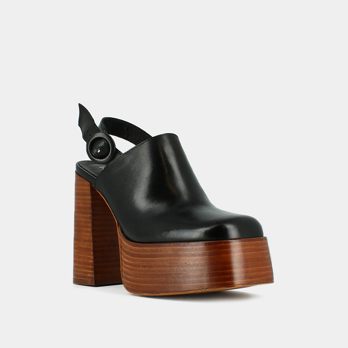 Mules à plateformes et bouts carrés  en cuir noir