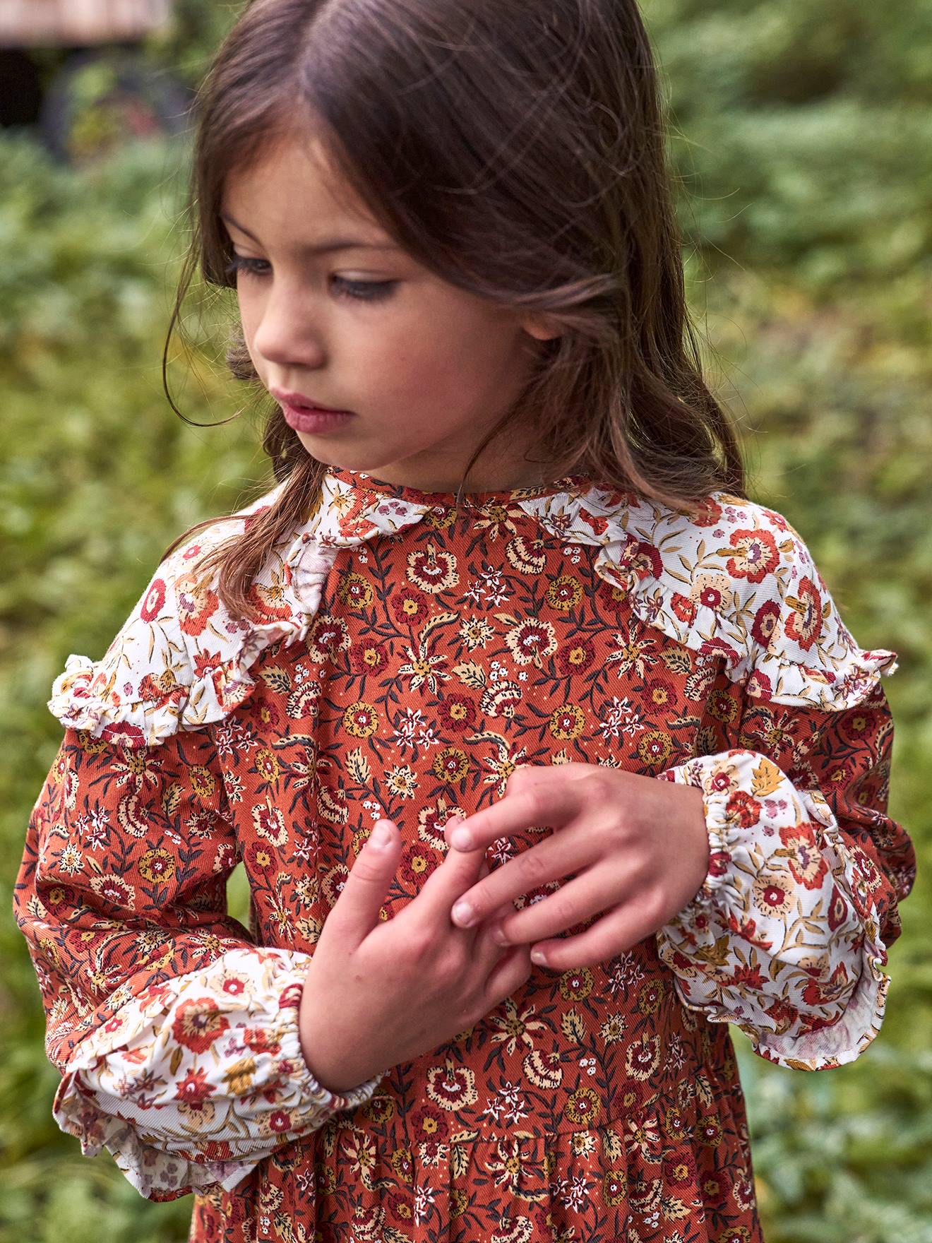 Vestido cigano patchwork, estampa laranja escura, infantil.