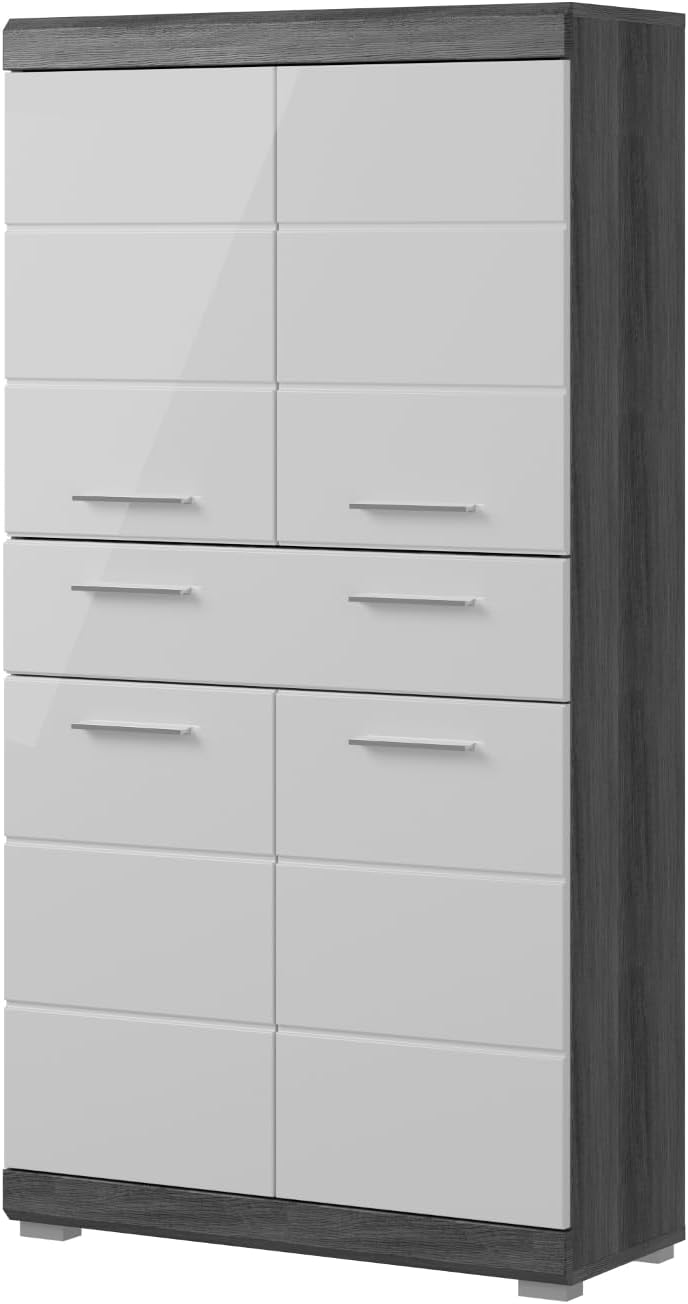 Badezimmer Midischrank weiß Hochglanz und Rauchsilber grau Badschrank Badmöbel 74 x 141 cm Shawn