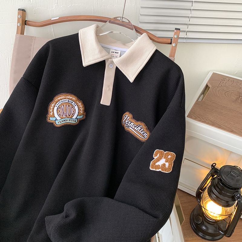 Rosesand - Unisex poloshirt met lange mouwen, contrasterende afwerking en wafelpatroon, losvallend