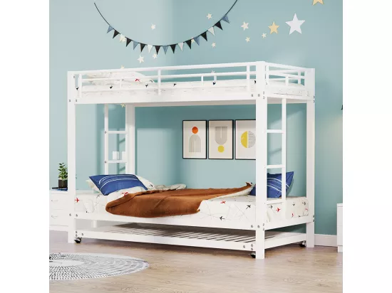 Lit superposé Lit 90x200cm lit à cadre en fer lit d'enfant équipé d'un lit gigogne garde-corps hauts blanc
