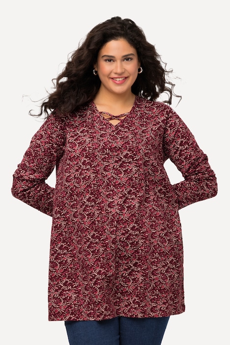 Longshirt, A-Linie, V-Ausschnitt mit Zierbändern, Langarm