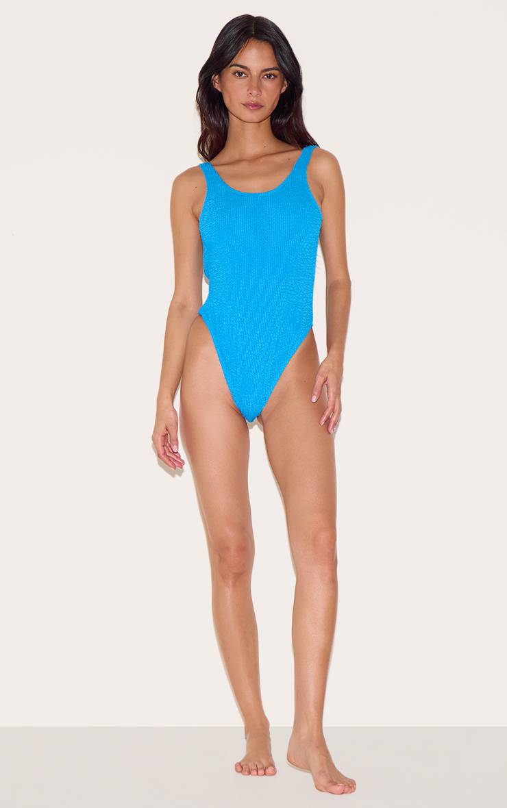 Bleu Maillot De Bain Échancré Dos Plongeant En Tissu Gaufré