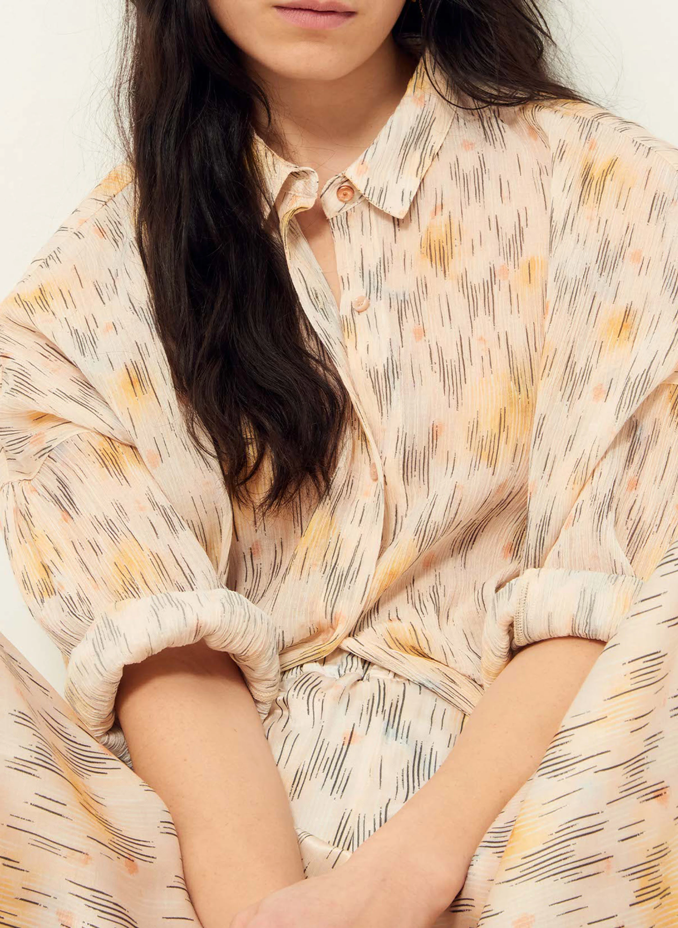 HANANO - Chemise col classique imprimée en voile de coton | Beige