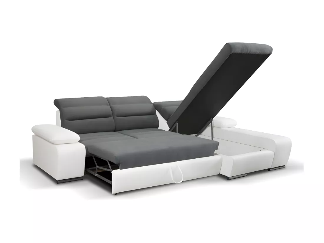 Canapé d'angle convertible en tissu et simili MIRABEAU - Bicolore gris/blanc - Angle droit