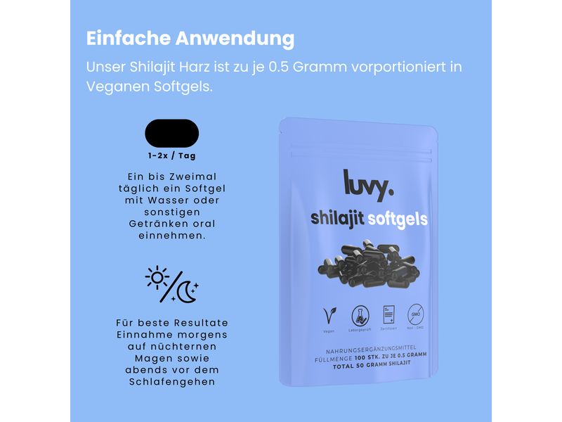 luvy Shilajit-Softgels 100 Stück 100% reines Shilajit in veganen Softgels