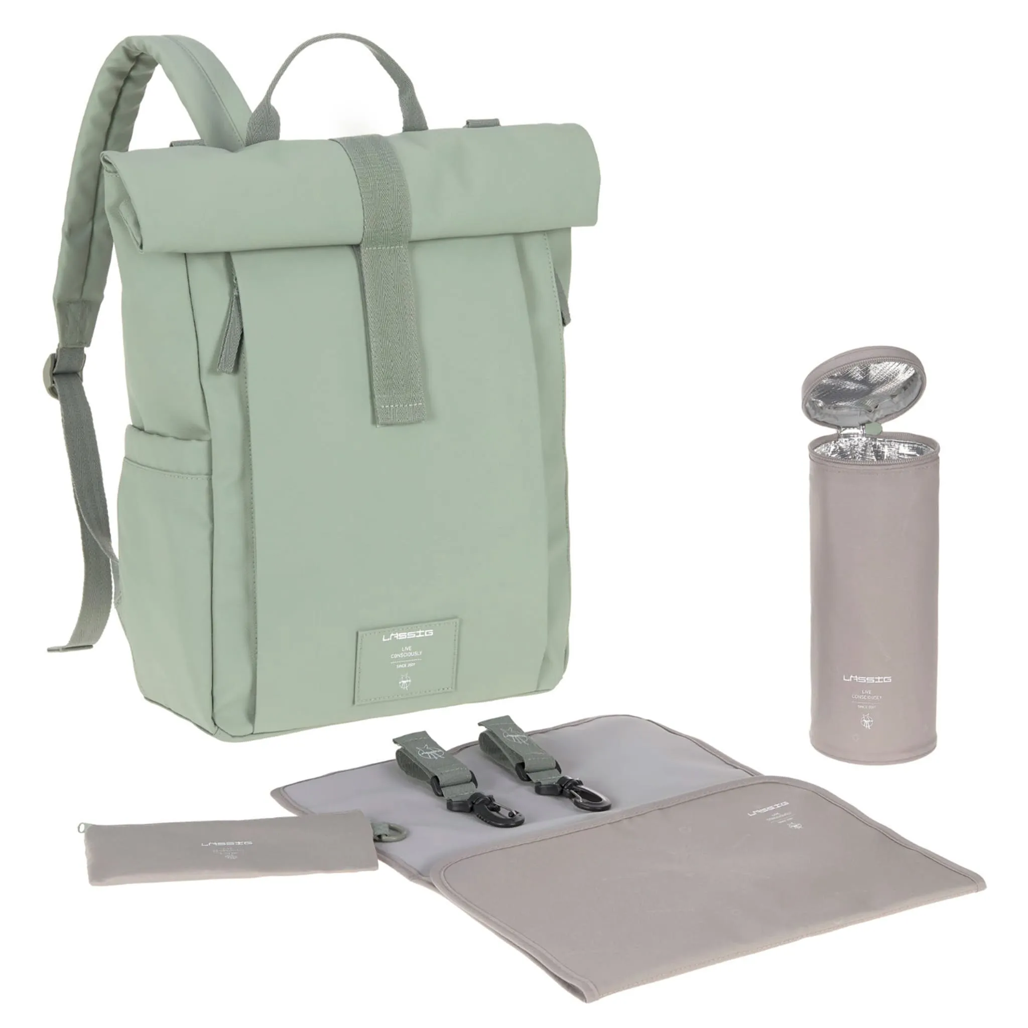Lassig Sac à Couches à Dos Rolltop - Sauge