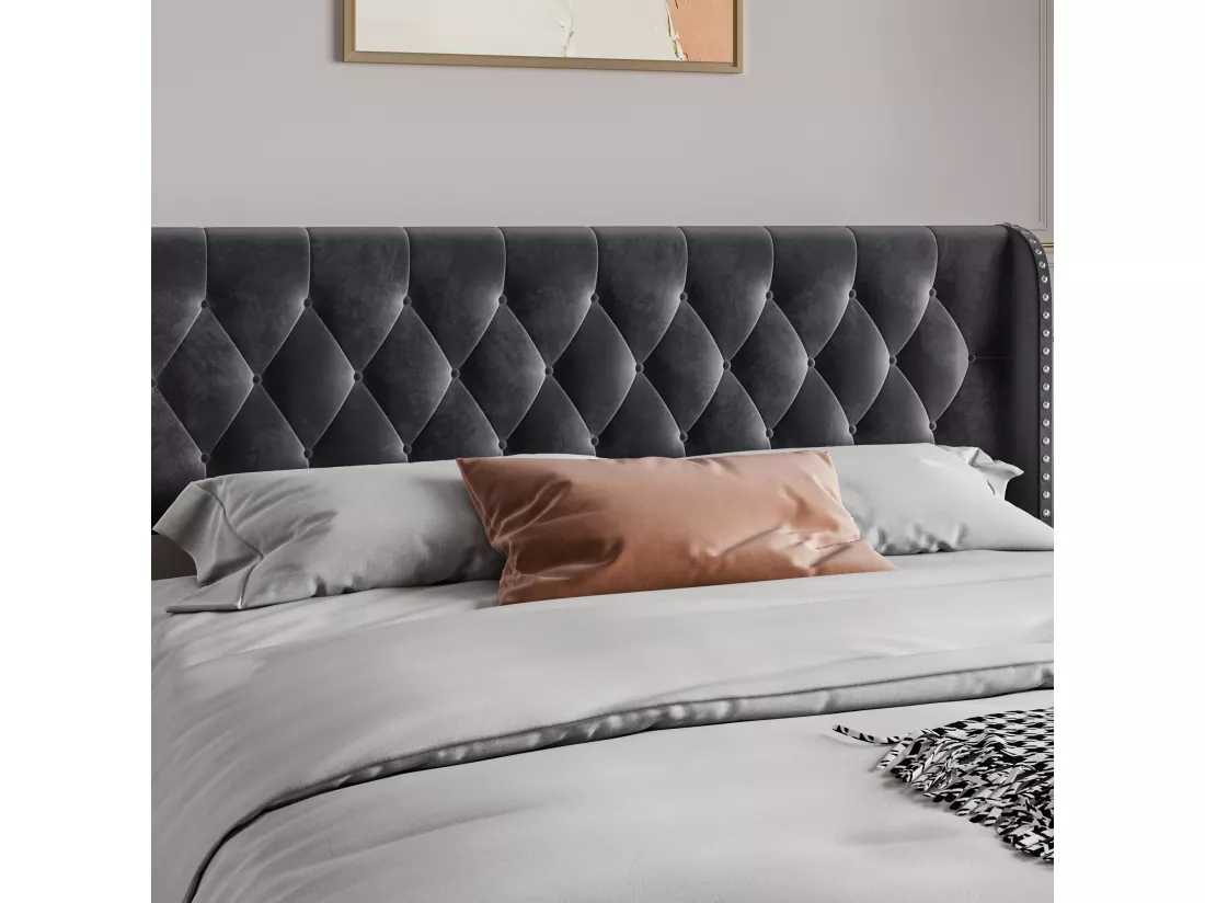 Lit coffre rembourré en velours - décoré de rivets - avec sommier à lattes - 160x200cm - Gris