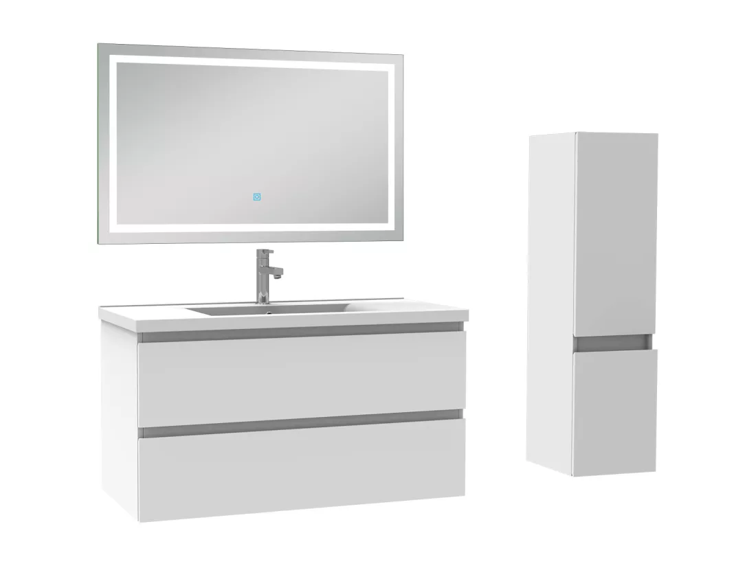 Ensemble meuble salle de Bain 100cm simple vasque avec colonne et miroir 3 couleurs blanc