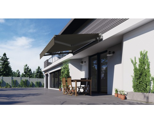 Knikarmzonnescherm 3x2,5, stof effen grijs met lotusmotief, frame RAL 9006 wit aluminium