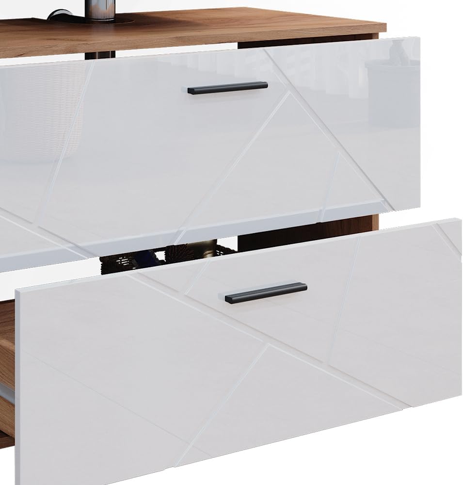 Vicco Badmöbel-Set Weiß Hochglanz/Goldkraft Eiche Irma, bestehend aus Bad Spiegelschrank, Waschbeckenunterschrank, Hochschrank - Versteckter Stauraum hinter eleganten Türen