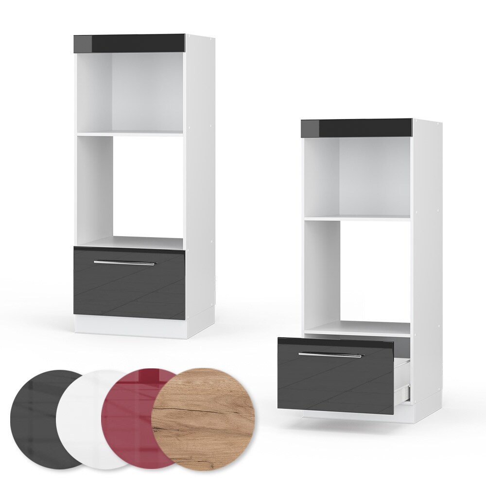Vicco Mikrowellenumbauschrank Küchenschrank Küchenmöbel Fame-Line Weiß Anthrazit 60 cm modern Hochglanz Küche Einbauküche Blende Hochschrank Schublade Mikrowelle Backofen Küchenzeile