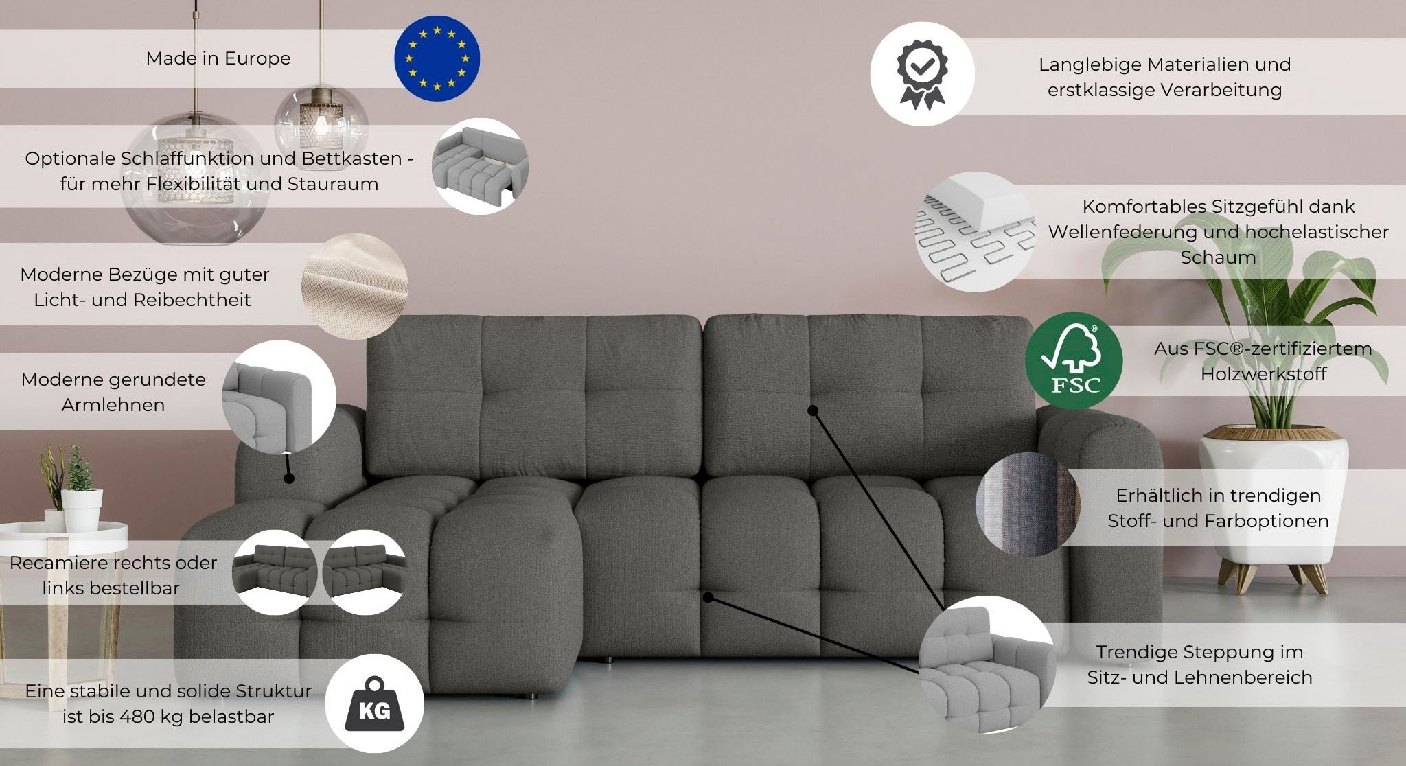 GOODproduct Ecksofa »Manilla, wahlweise mit Bettfunktion, B/T/H 265/170/91 cm« L-Form mit Recamiere rechts/links bestellbar, Wellenunterfederung