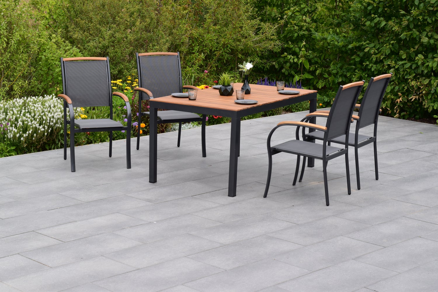 Siena 5-delige tuinmeubelset, stapelbare stoelen, tafel 150 x 90 cm, grafiet/grijs