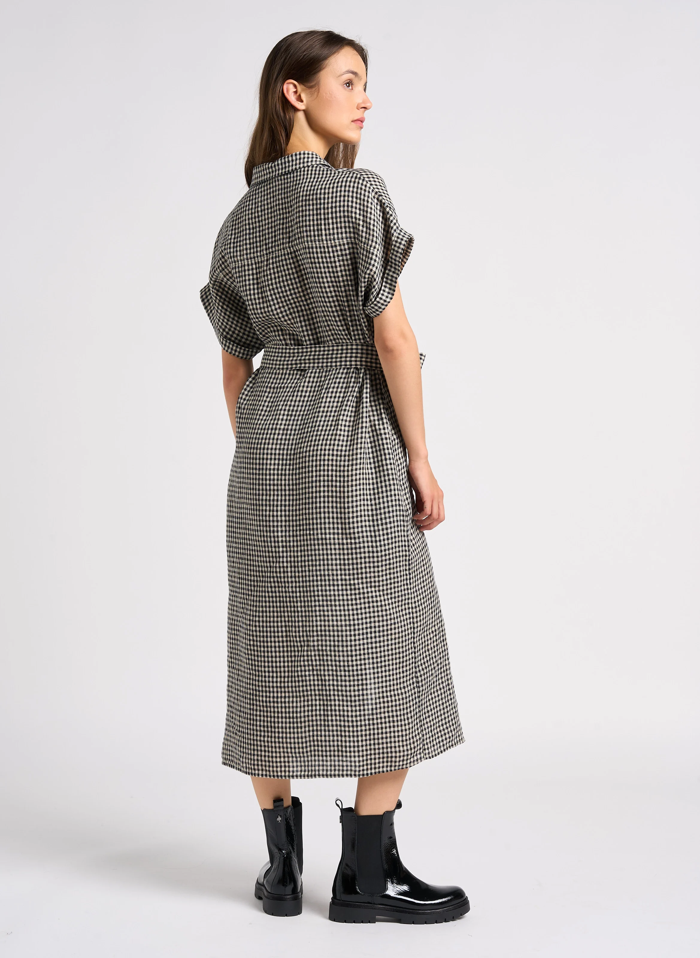 MALOU - Robe chemise midi imprimée en lin| Noir