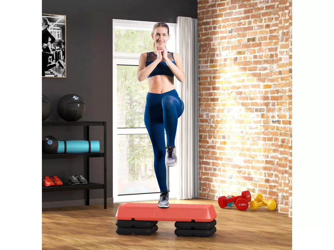 Stepper aérobic fitness hauteur réglable 3 niv. 10/15/20 cm surface antidérapante PE rouge