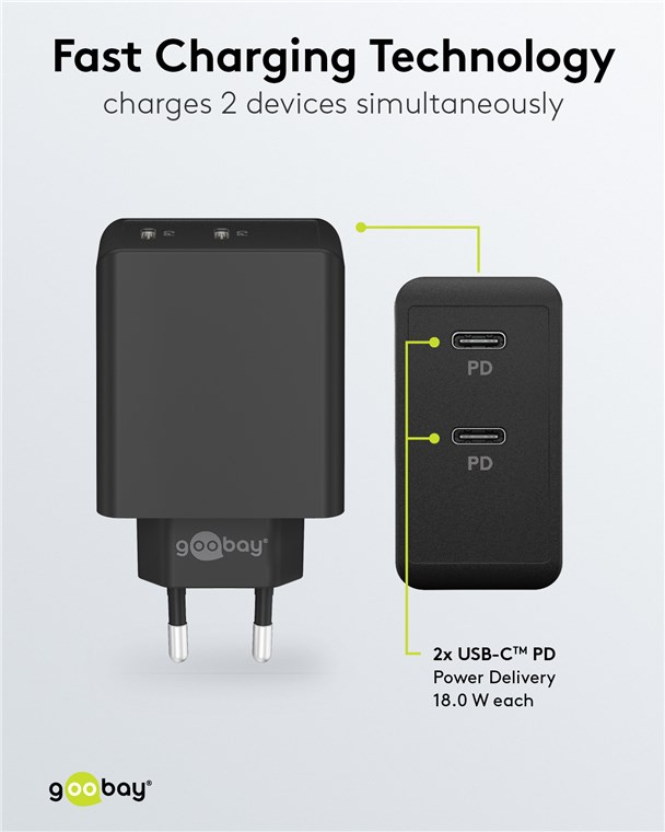 (36W/3A) Dual USB C Ladegerät Netzteil Power Delivery (61757) - Schwarz