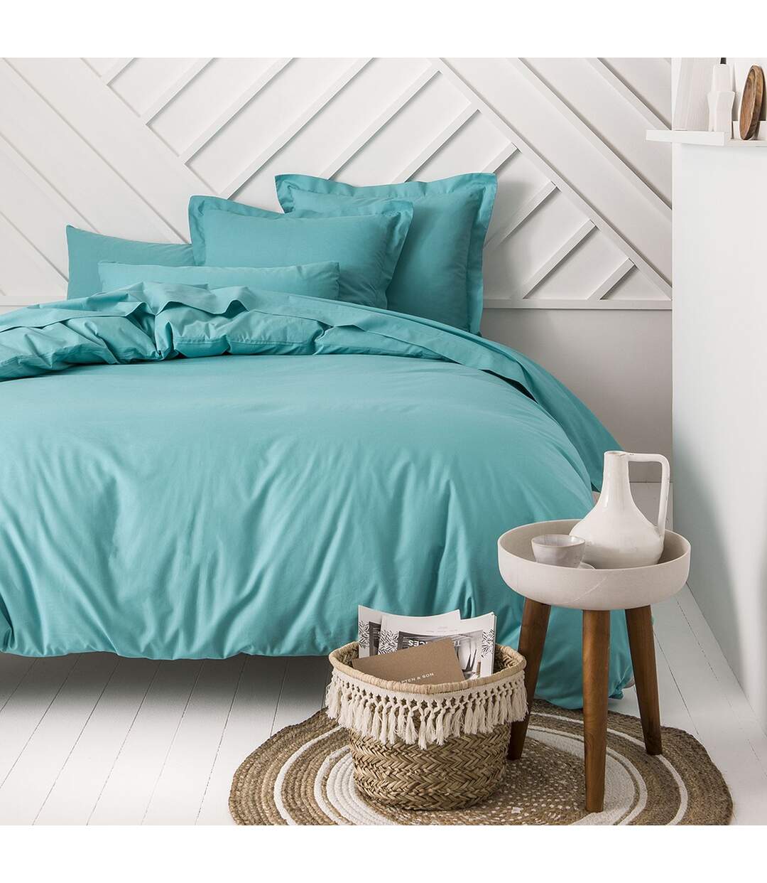 Drap housse Diabolo Menthe - 100% coton 57 fils - 140 x 190 cm - Bleu turquoise