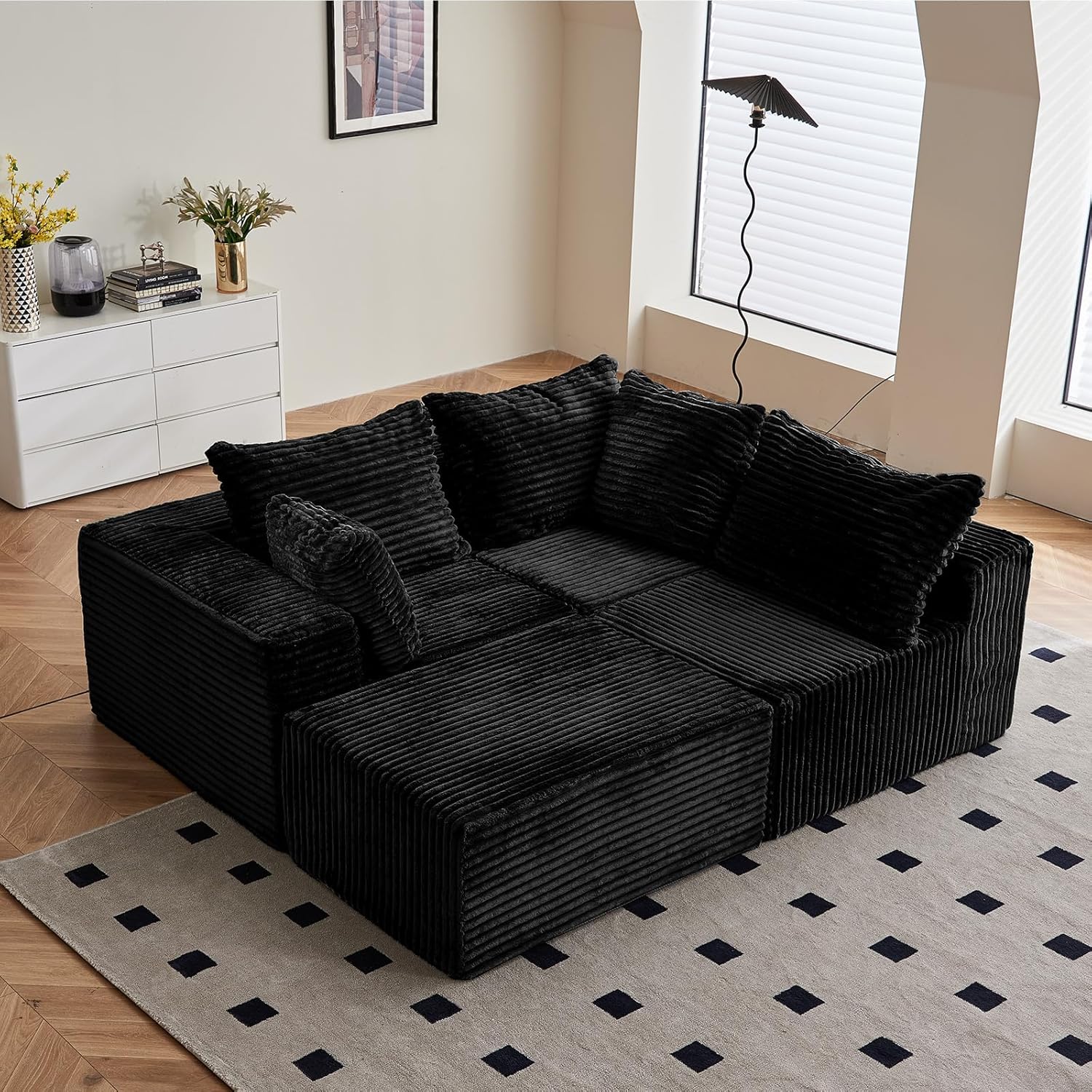 Vamcheer Ecksofa mit Schlaffunktion - Big Sofa Couch 3 Sitzer in L-Form, Modulares Boneless Schlafsofa als Wohnlandschaft, 274 x 102 cm, Schwarz