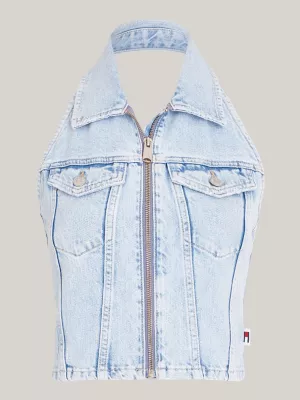 Top cropped jeans com decote halter e zíper frontal