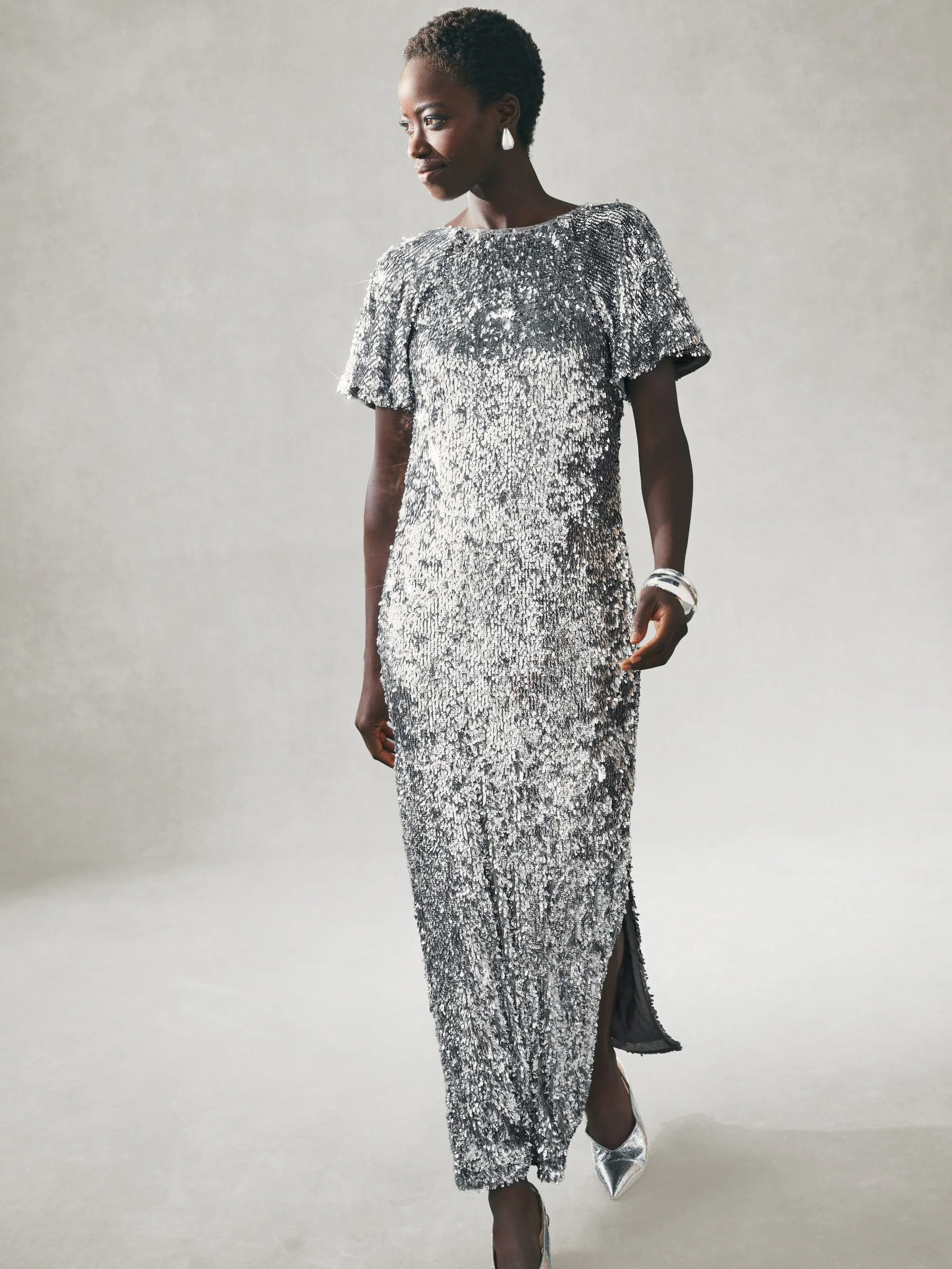 Nothing Ordinary Sequin Lace Trim Flutter Sleeve Midi Dress