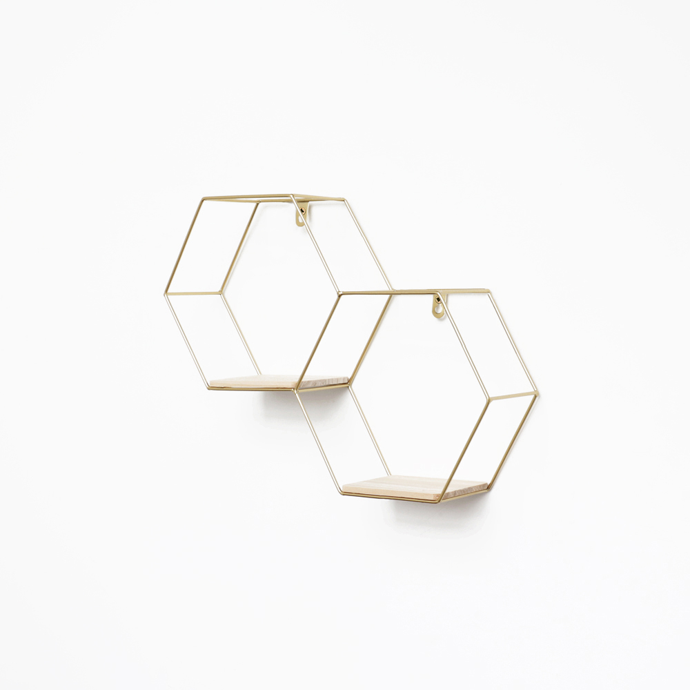Etagère murale double hexagonale en métal - 30,5x41 cm - or