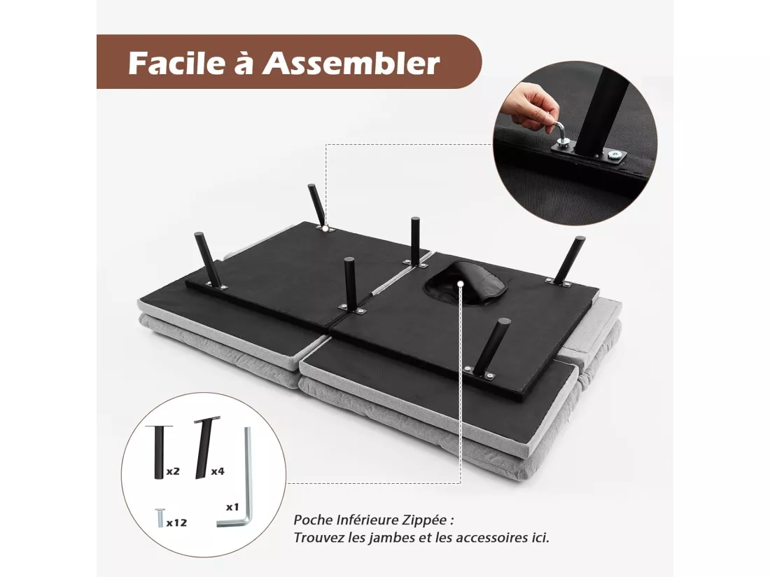 Canapé-Lit Convertible 5 en 1 avec Dossier et Accoudoirs Réglables, Canapé Futon 3 Places en Mousse à Mémoire, Pieds Métalliques, pour Petits Appartements, Salon, Bureau, Charge 273 KG, Gris