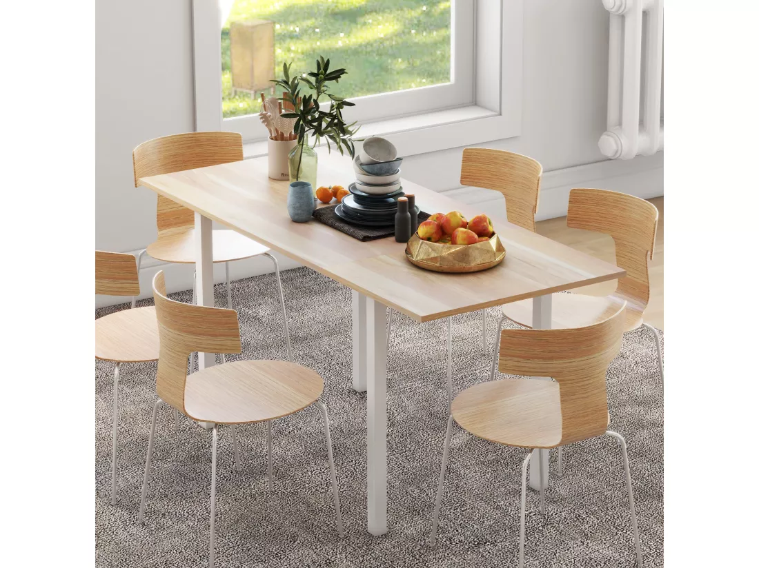 Table à manger extensible grand plateau 6 personnes acier MDF bois clair