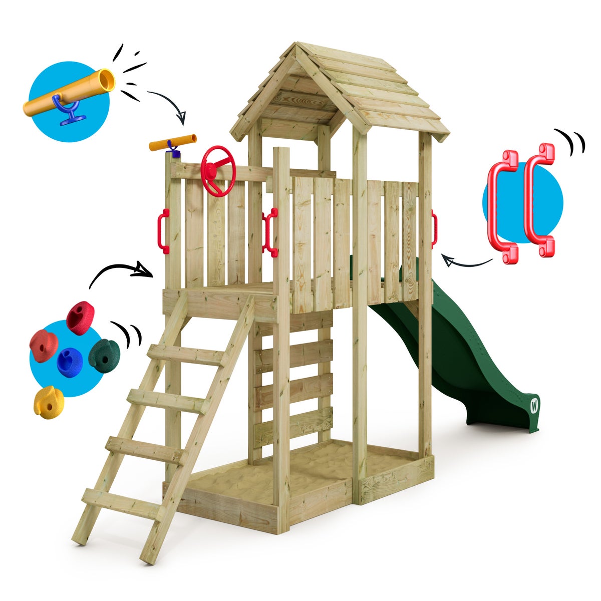 WICKEY JoyFlyer Speeltoren Klimrek met Glijbaan, Klimtoren met Zandbak, Ladder en Speelaccessoires - Groen
