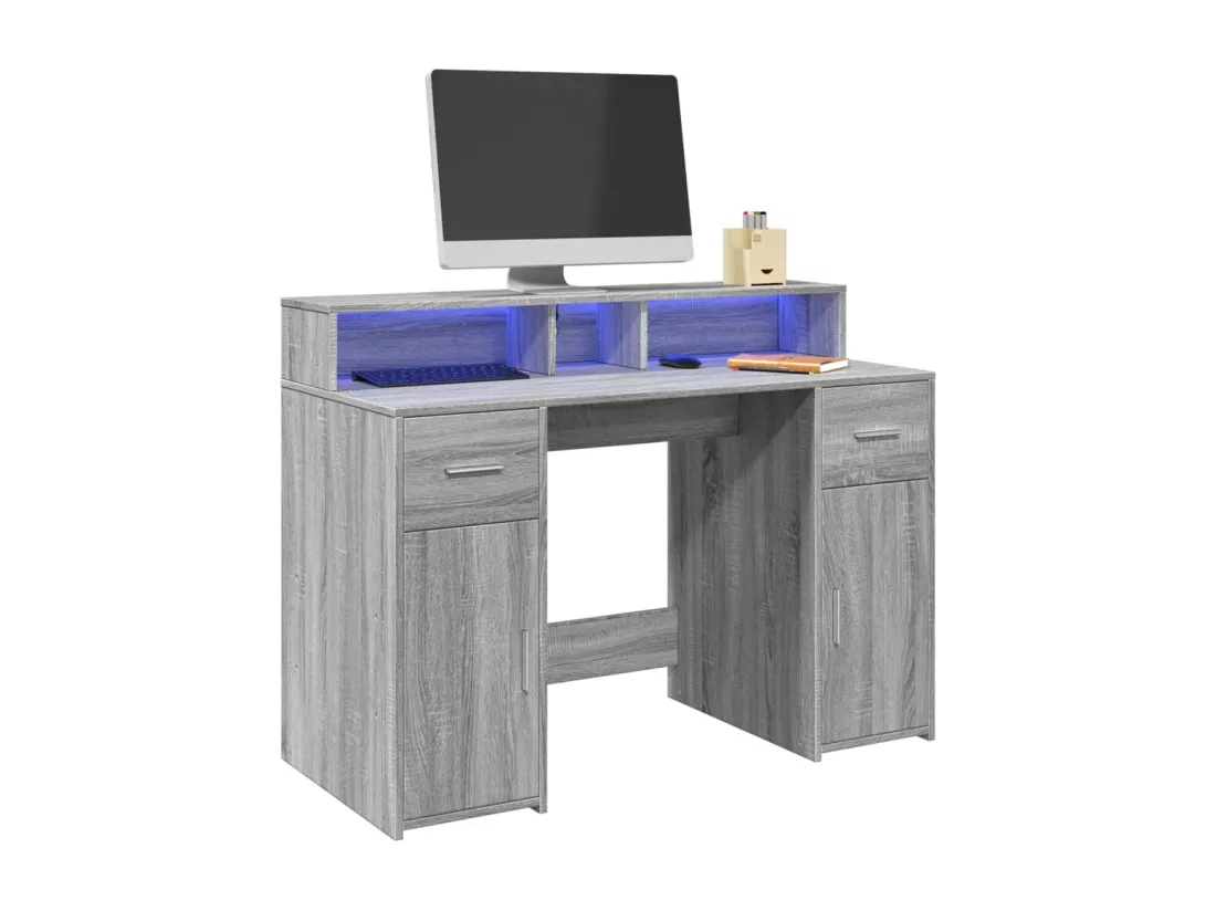 Bureau et lumières LED sonoma gris 120x55x91cm bois ingénierie