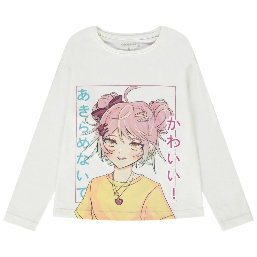 T-shirt manches longues print manga pour fille - Ecru