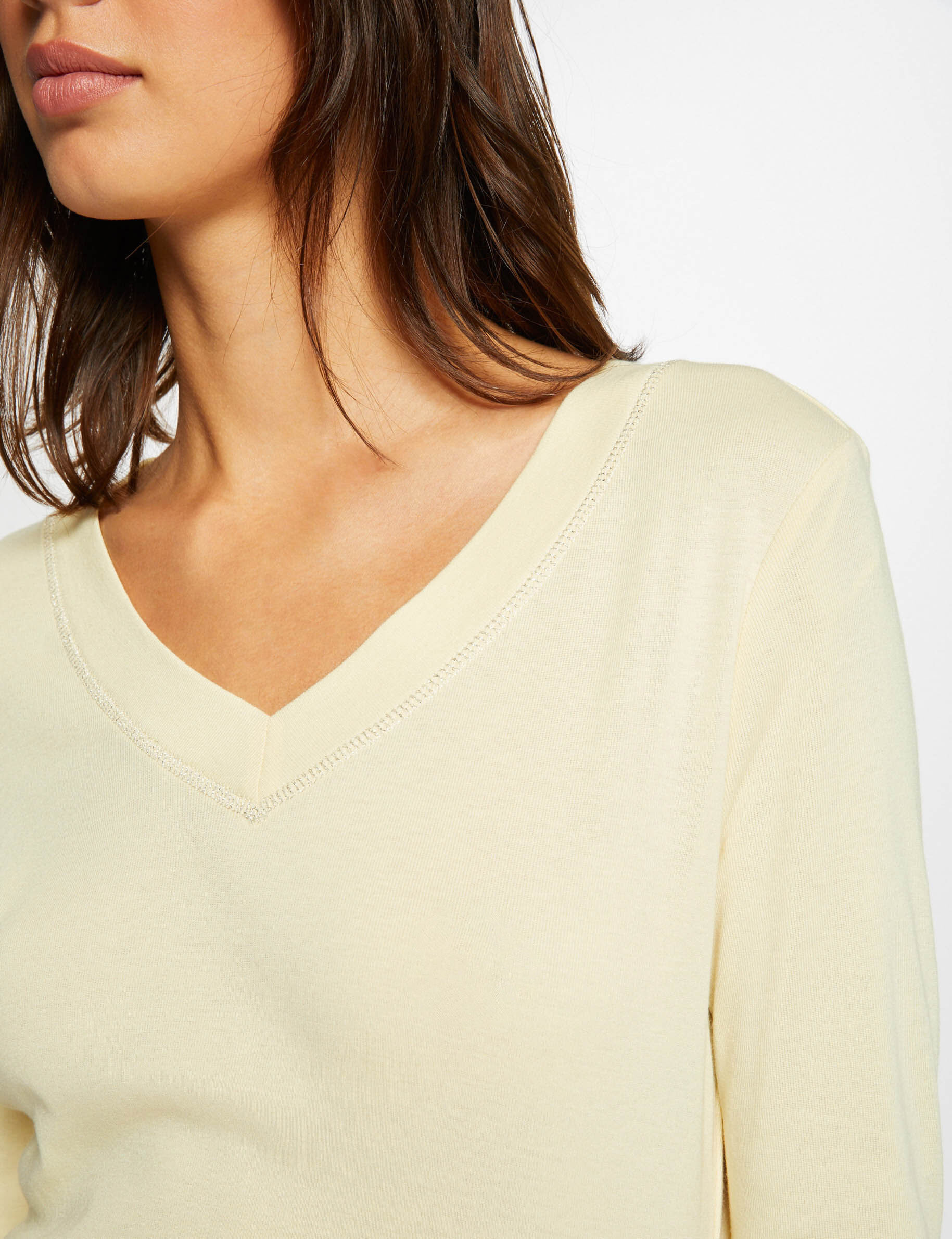 T-shirt manches longues avec col en V jaune paille femme - jaune_paille