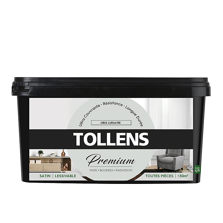 Peinture Tollens premium murs, boiseries et radiateurs gris lunaire satin 2,5L