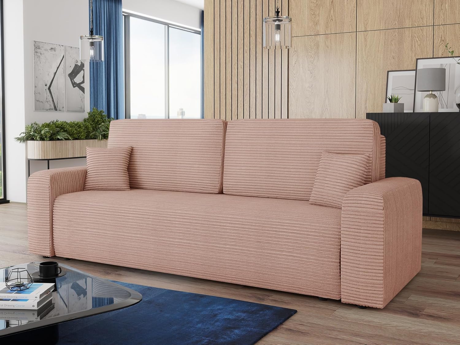 Schlafsofa Spark – Sofa mit Schlaffunktion und Bettkasten, Bonellfederkern, Cordbezug, große Schlaffläche, modernes Polstersofa & Bettsofa (Pink (Poso 052))