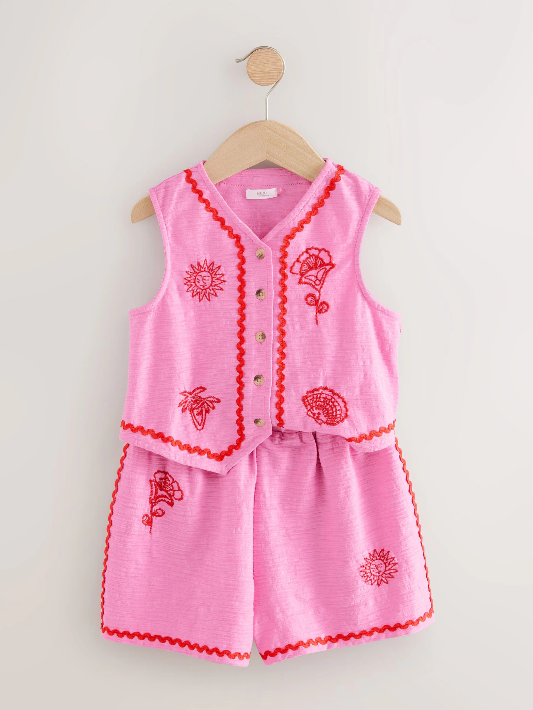 Roze - Geborduurde gilet- en shortset (3-16jr)