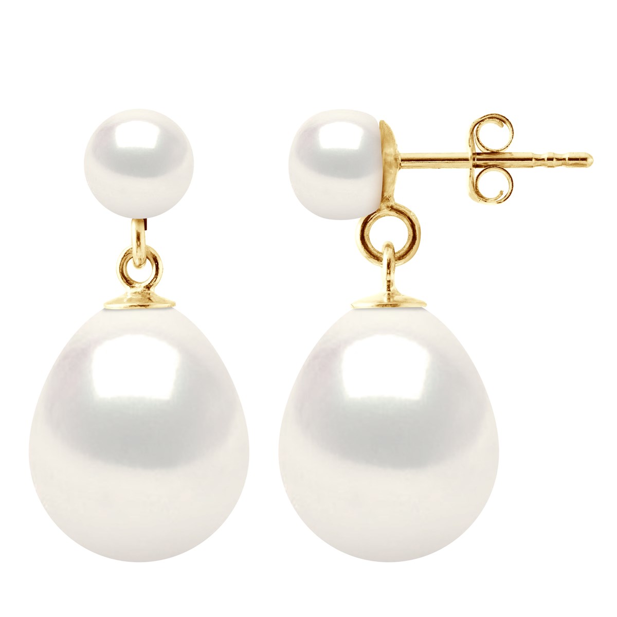 STELLA - Boucles d'Oreilles Perles d'Eau Douce 10-11 mm Blanches Or Jaune