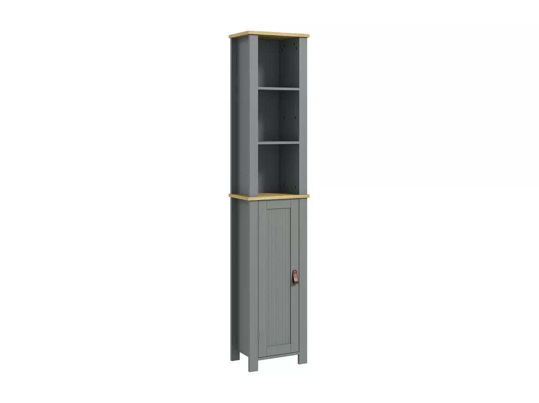 Meuble colonne rangement de salle de bain sur pied porte 2 étagères 3 niches aspect bois clair gris