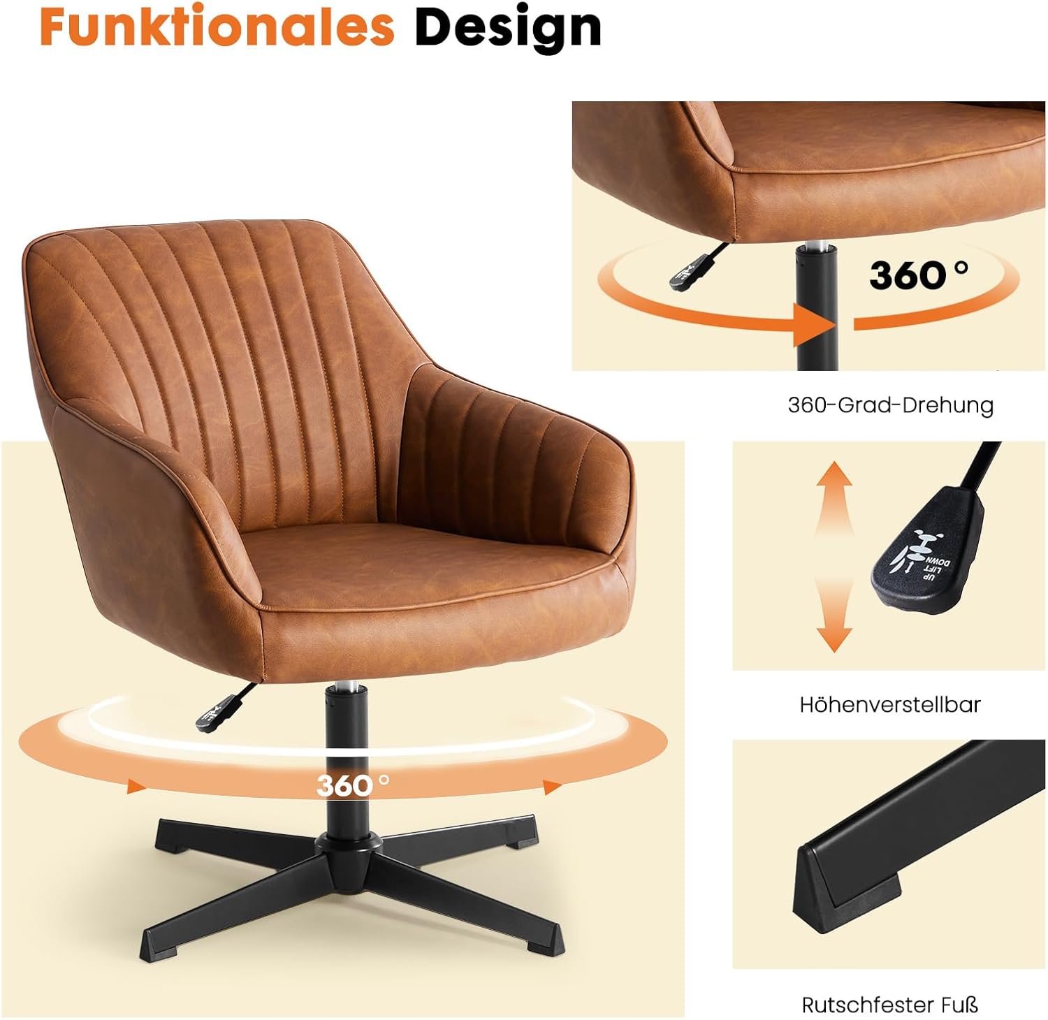 Sweetcrispy Esszimmerstühle, Küchenstuhl Drehbar & Höhenverstellbar - Leder Sessel Esstisch mit Armlehne, 360° Drehstuhl Esszimmer in Braun, 1 Stück