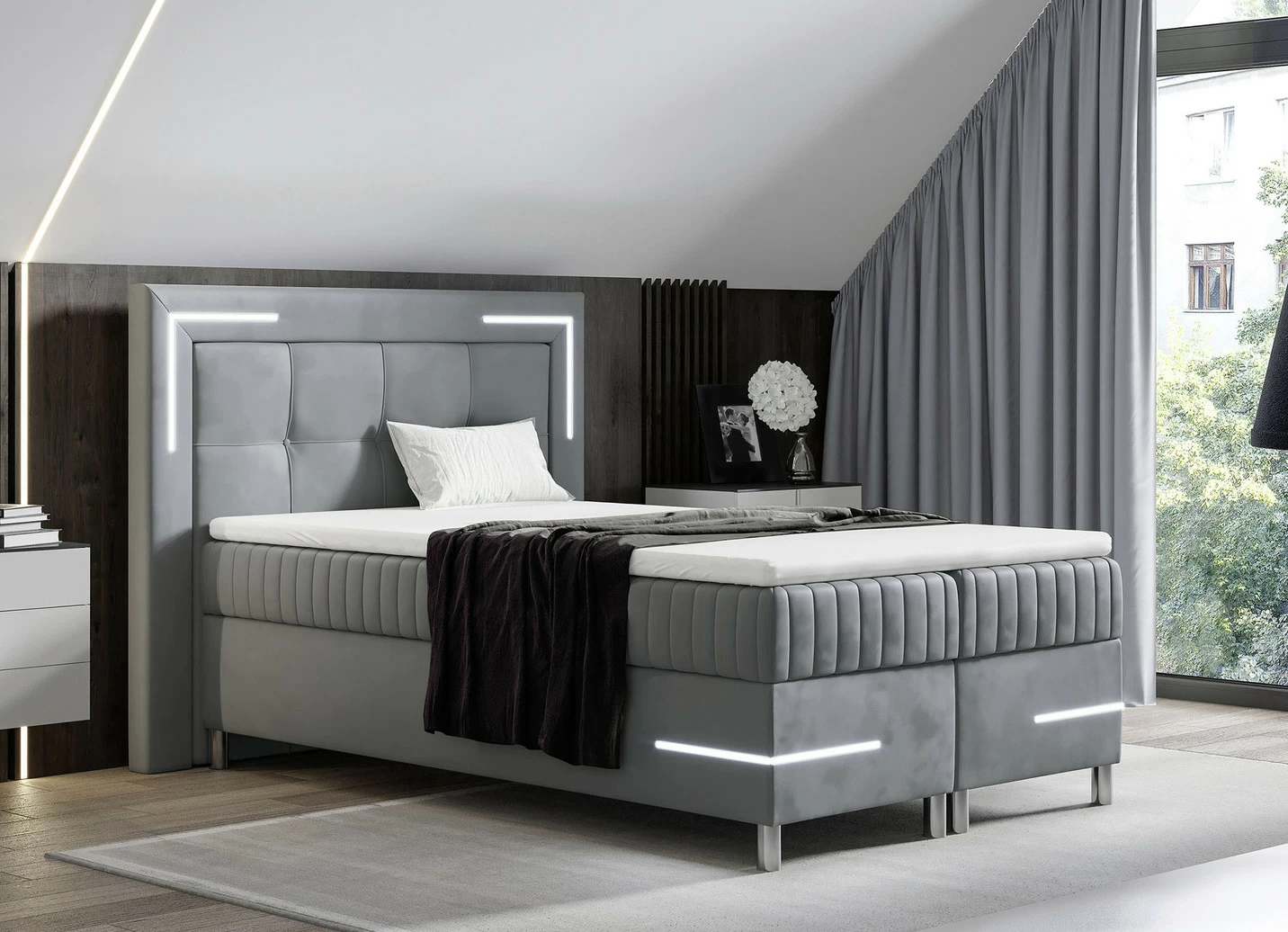 Boxspringbett mit LED-Beleuchtung und Topper