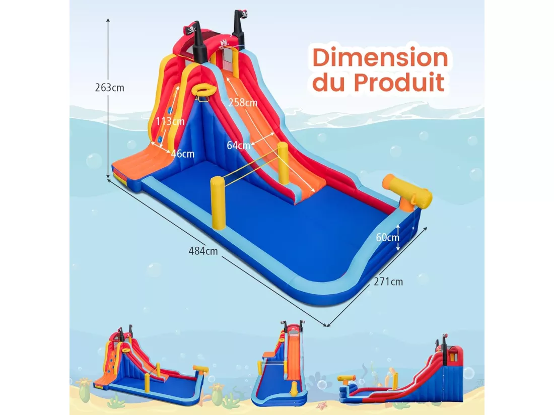 5 en 1 Château Gonflable sur Thème de Pirate avec Toboggan, Parc Aquatique avec Panier de Basket et Canon à Eau, Sac de Transport, Charge 90kg pour 2 Enfants de 3-10 Ans (sans souffleur)