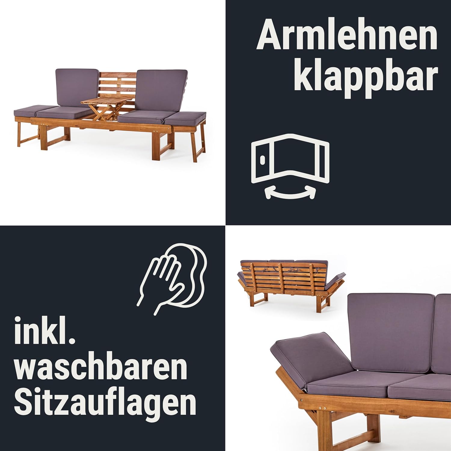 Gartenbank Monte Akazienholz - Stilvolle & Wetterfeste Sitzbank Outdoor mit Tisch - Komfortable Holzbank für Garten oder Terrasse - Gartenbank Holz mit Auflage - Gartenmöbel - Garden Bench