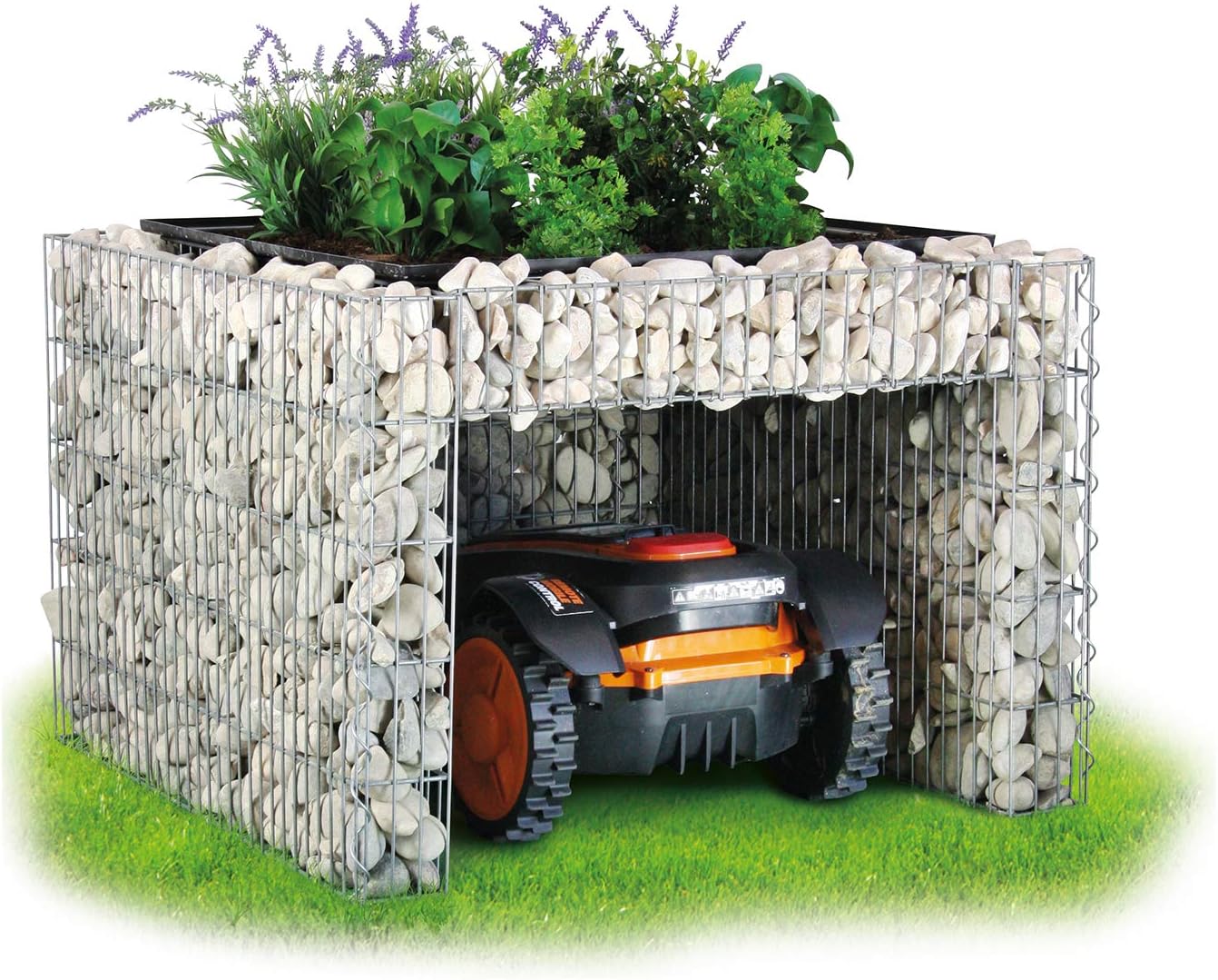 bellissa - Zink-Aluminium, Gabionen Mähroboter-Garage - 97296 - Bepflanzbare Rasenmäher-Garage mit Pflanzschale, Silber - 75x75x53 cm