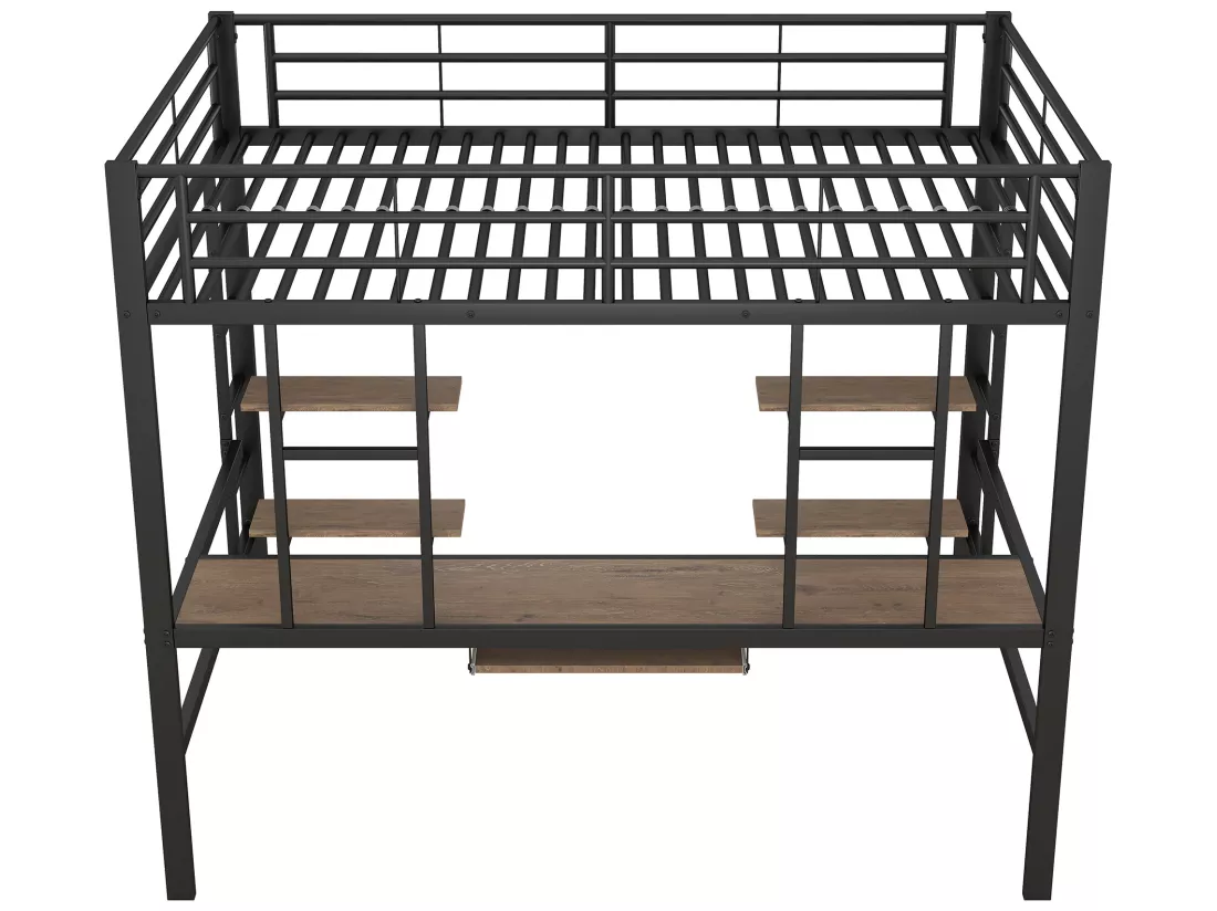 Lit mezzanine 140x200cm - avec bureau et étagères - cadre en métal - Noir