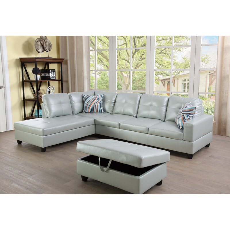 Wilhelmine 103.5&prime;&prime; Wide Faux Leather Sofa & Chaise With Ottoman