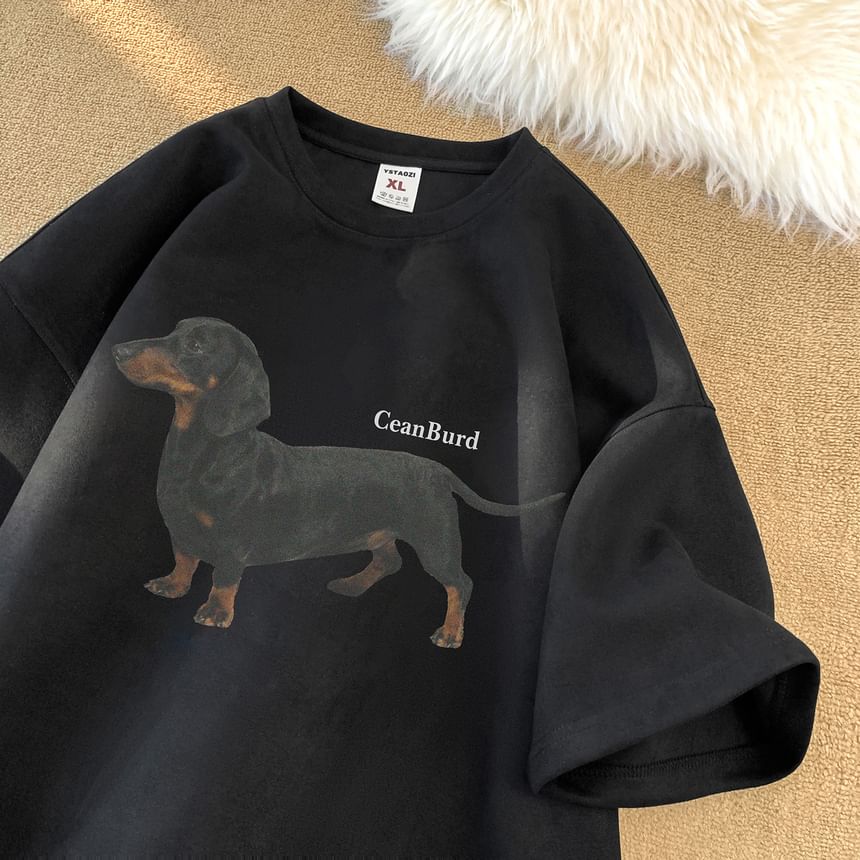Breeson - T-shirt met ronde hals en hondenprint, met elleboogmouwen