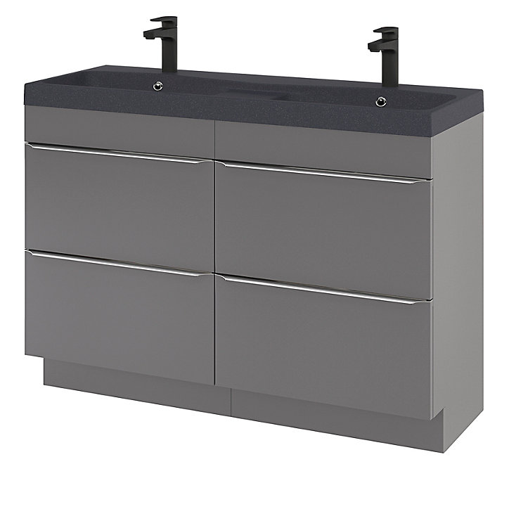 Ensemble salle de bains l.120 cm meuble à poser Imandra gris brillant + plan double vasque résine noir