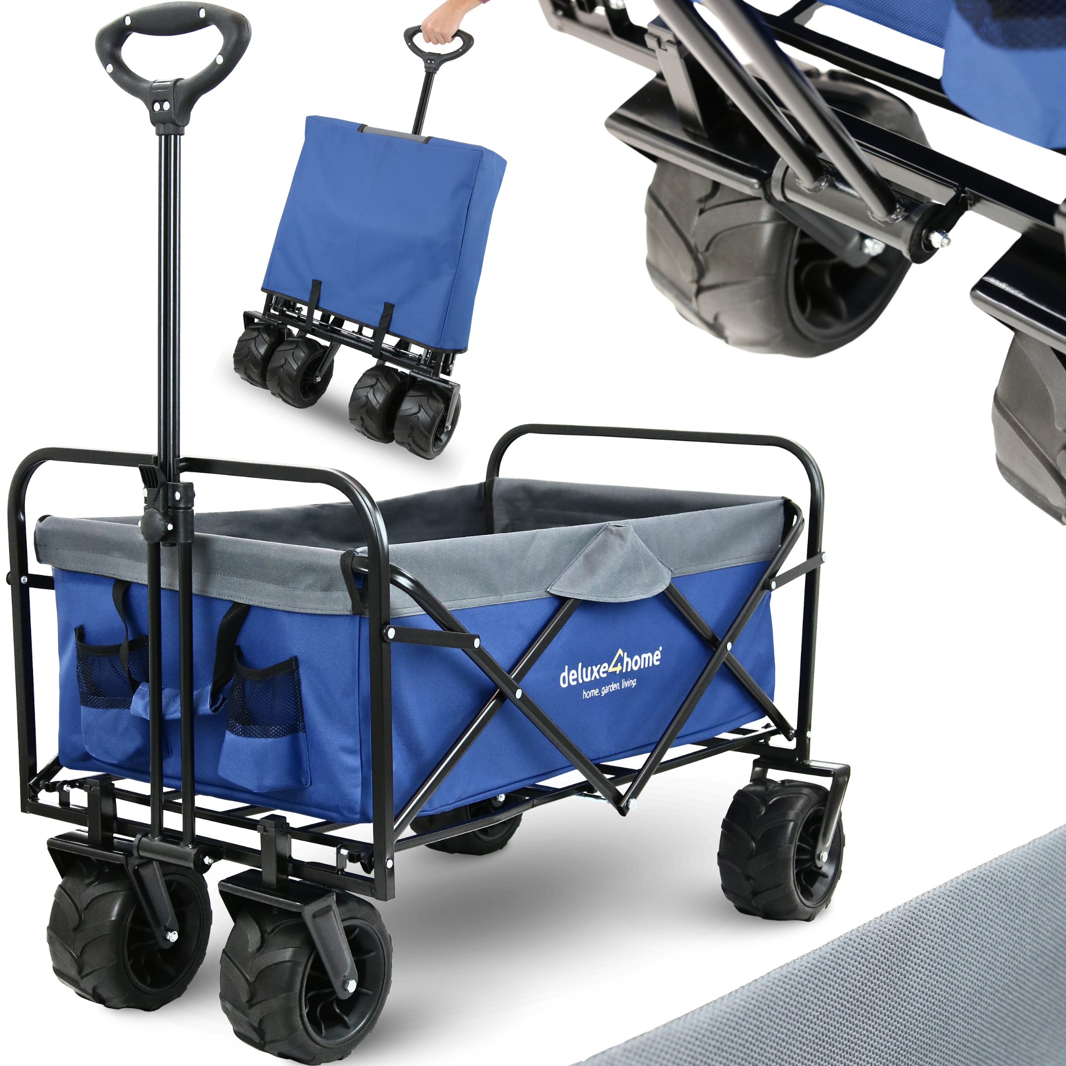 deluxe4home® Bollerwagen mit breiten Reifen | Blau/Grau